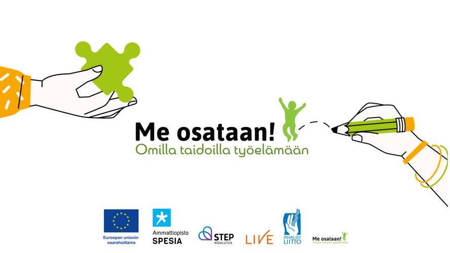 Me osataan! Omilla taidoilla työelämään- hankkeen nimi tekstinä kuvassa sekä osatoteuttajien logot Spesia, STEP koulutus, Invalidiliitto ja Live. Euroopan unionin osarahoittama. featured-image