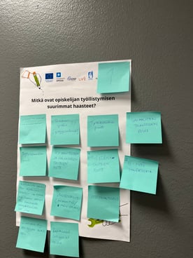 Kuvassa A3 kokoinen tuloste johon liimattu sinisiä post-it lappuja. Kuva työpajasta.