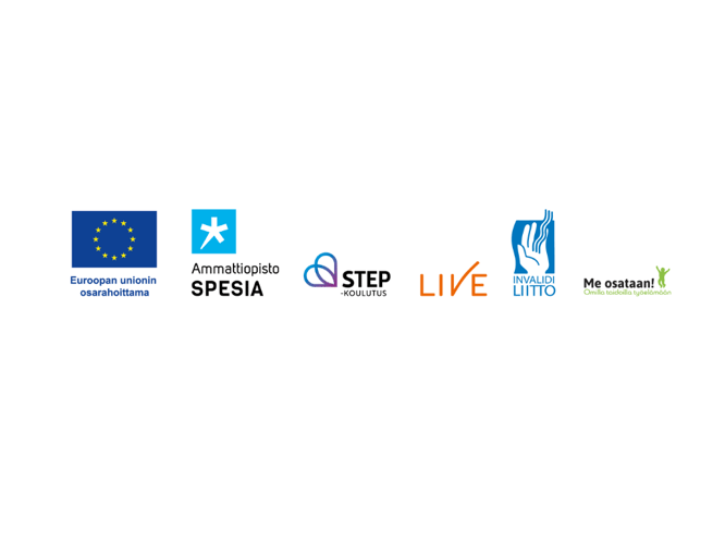 Me osataan!Omilla taidoilla työelämään- hankkeen osatoteuttajien logot vasemmalta oikealle; Euroopan unionin osarahoittama, Spesia, STEP koulutus, Live ja Invalidiliitto featured-image