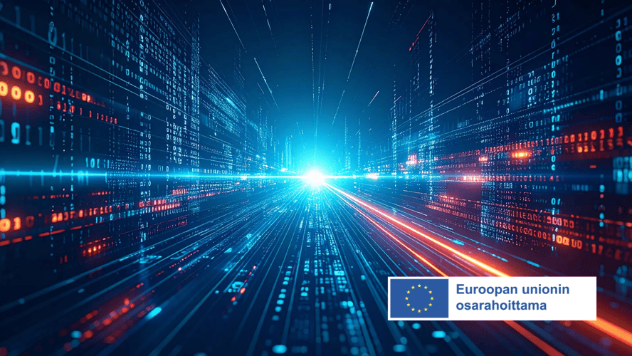 Futuristisia sinipunaisia valoja tummalla taustalla. Keskellä sininen kirkas valo ja reunassa EU-logo. featured-image