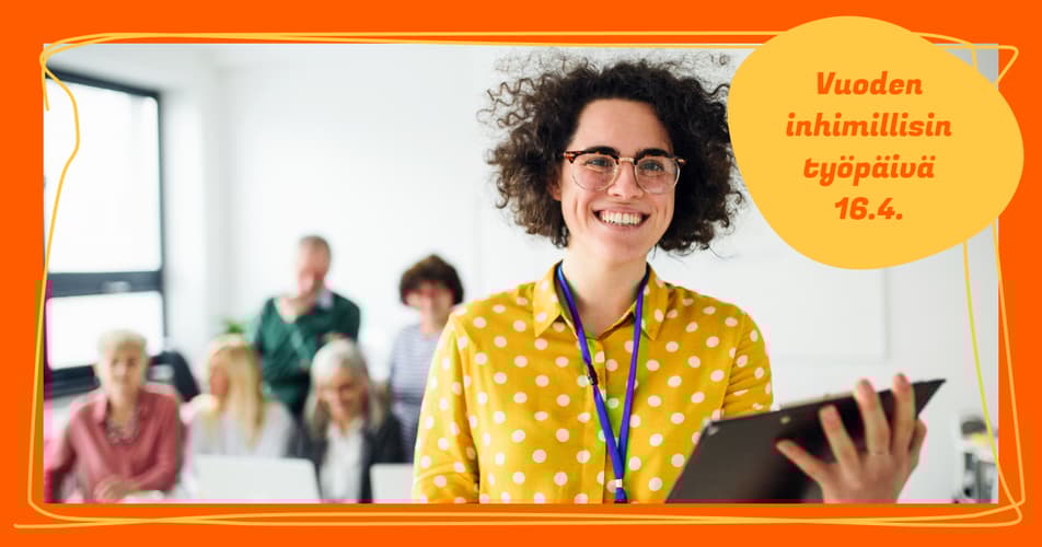 Vuoden inhimillisin työpäivä 16.4. -teksti ja henkilö tietokone kädessä.  featured-image