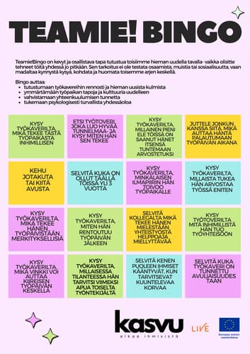 Värikäs TEAMIE!Bingon pelialusta, jossa kysytään bingomaisesti työkavereilta inhimillisä asioita liittyen tyäelämään featured-image